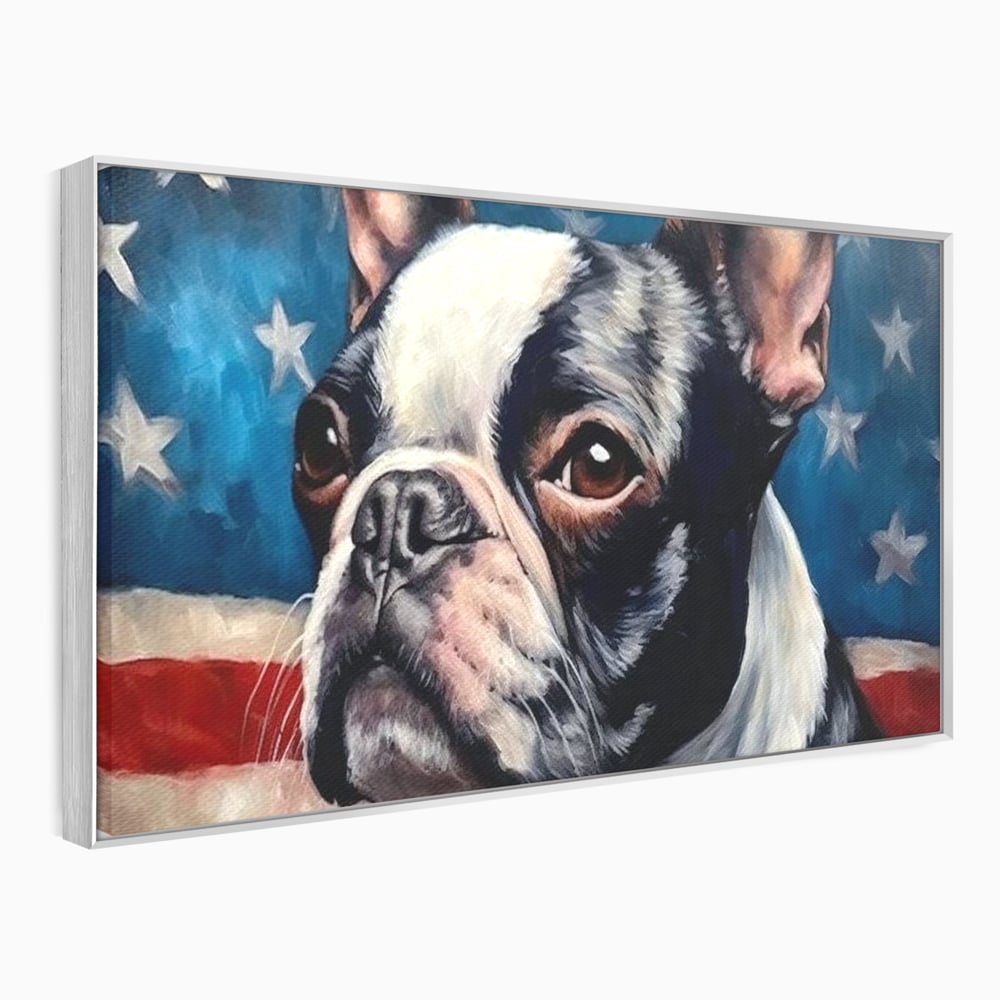 Leinwandbilder Premium, LuxCanva® M1265, Boston unter der Flagge, Patriotismus, Flagge, Amerika, Hund, Freiheit, Ehre, Mut, Freiheit, Portrait, Profil, Büro, Wohnen, Kinderzimmer