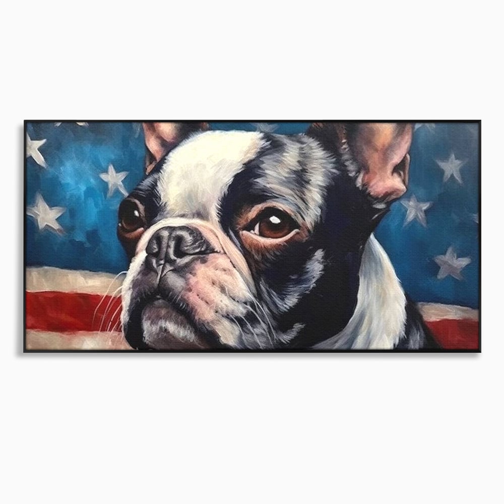 Leinwandbilder Premium, LuxCanva® M1265, Boston unter der Flagge, Patriotismus, Flagge, Amerika, Hund, Freiheit, Ehre, Mut, Freiheit, Portrait, Profil, Büro, Wohnen, Kinderzimmer