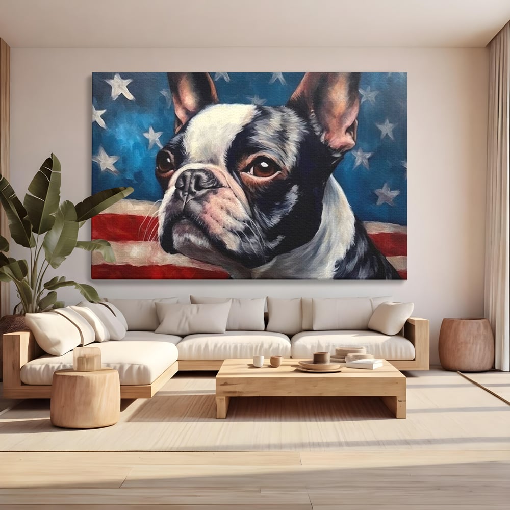 Leinwandbilder Premium, LuxCanva® M1265, Boston unter der Flagge, Patriotismus, Flagge, Amerika, Hund, Freiheit, Ehre, Mut, Freiheit, Portrait, Profil, Büro, Wohnen, Kinderzimmer