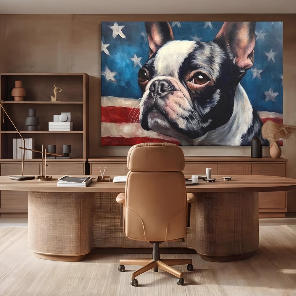 Leinwandbilder Premium, LuxCanva® M1265, Boston unter der Flagge, Patriotismus, Flagge, Amerika, Hund, Freiheit, Ehre, Mut, Freiheit, Portrait, Profil, Büro, Wohnen, Kinderzimmer