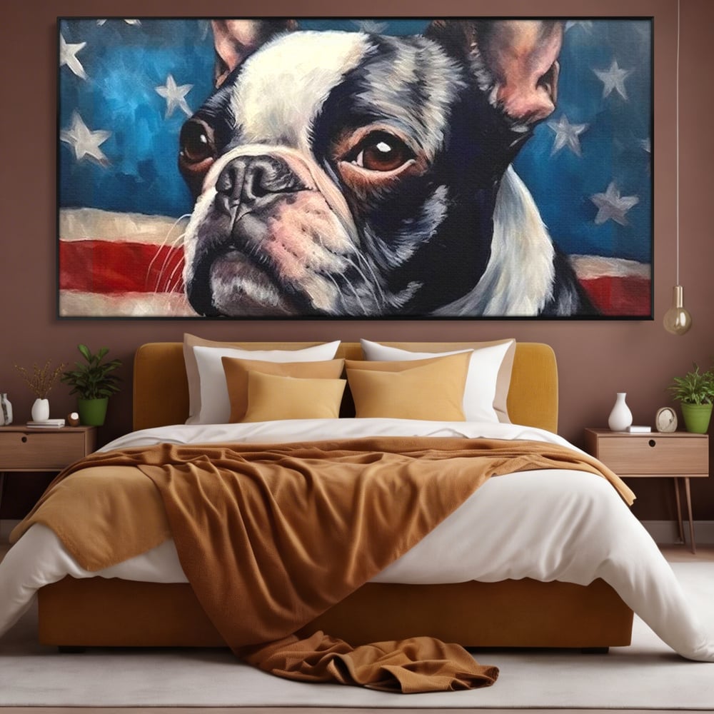 Leinwandbilder Premium, LuxCanva® M1265, Boston unter der Flagge, Patriotismus, Flagge, Amerika, Hund, Freiheit, Ehre, Mut, Freiheit, Portrait, Profil, Büro, Wohnen, Kinderzimmer