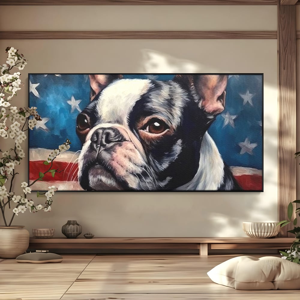 Leinwandbilder Premium, LuxCanva® M1265, Boston unter der Flagge, Patriotismus, Flagge, Amerika, Hund, Freiheit, Ehre, Mut, Freiheit, Portrait, Profil, Büro, Wohnen, Kinderzimmer