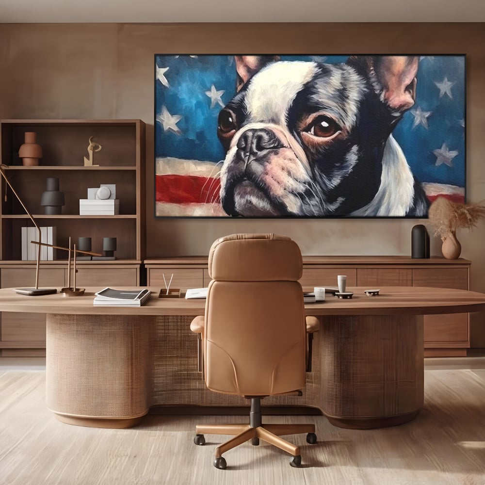 Leinwandbilder Premium, LuxCanva® M1265, Boston unter der Flagge, Patriotismus, Flagge, Amerika, Hund, Freiheit, Ehre, Mut, Freiheit, Portrait, Profil, Büro, Wohnen, Kinderzimmer