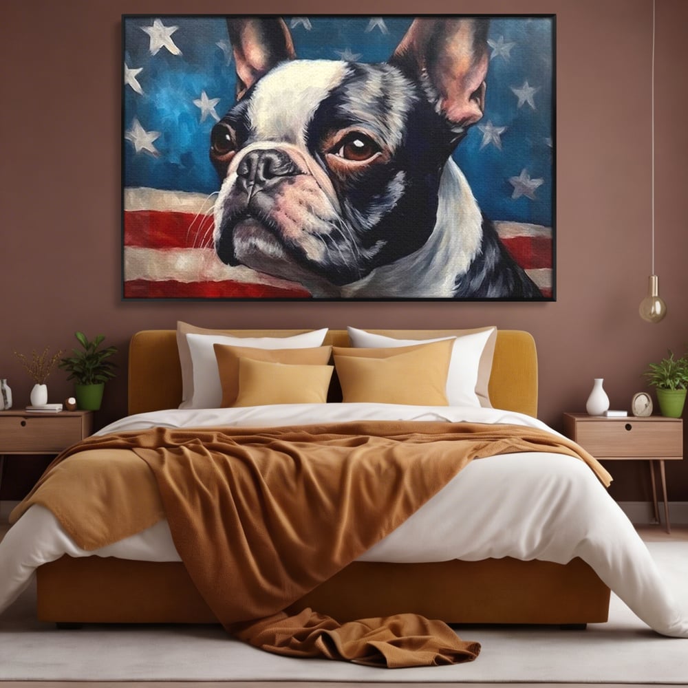 Leinwandbilder Premium, LuxCanva® M1265, Boston unter der Flagge, Patriotismus, Flagge, Amerika, Hund, Freiheit, Ehre, Mut, Freiheit, Portrait, Profil, Büro, Wohnen, Kinderzimmer