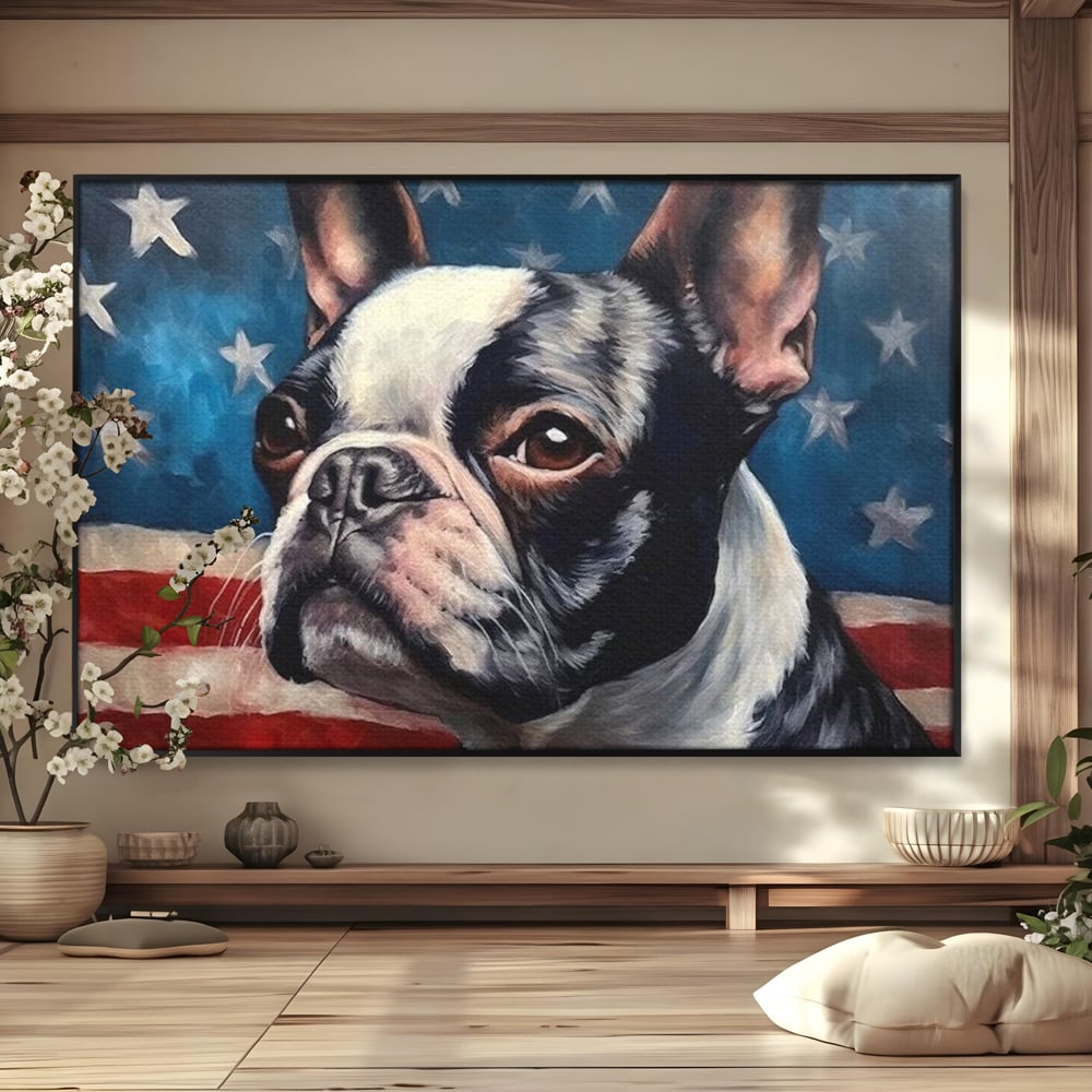 Leinwandbilder Premium, LuxCanva® M1265, Boston unter der Flagge, Patriotismus, Flagge, Amerika, Hund, Freiheit, Ehre, Mut, Freiheit, Portrait, Profil, Büro, Wohnen, Kinderzimmer