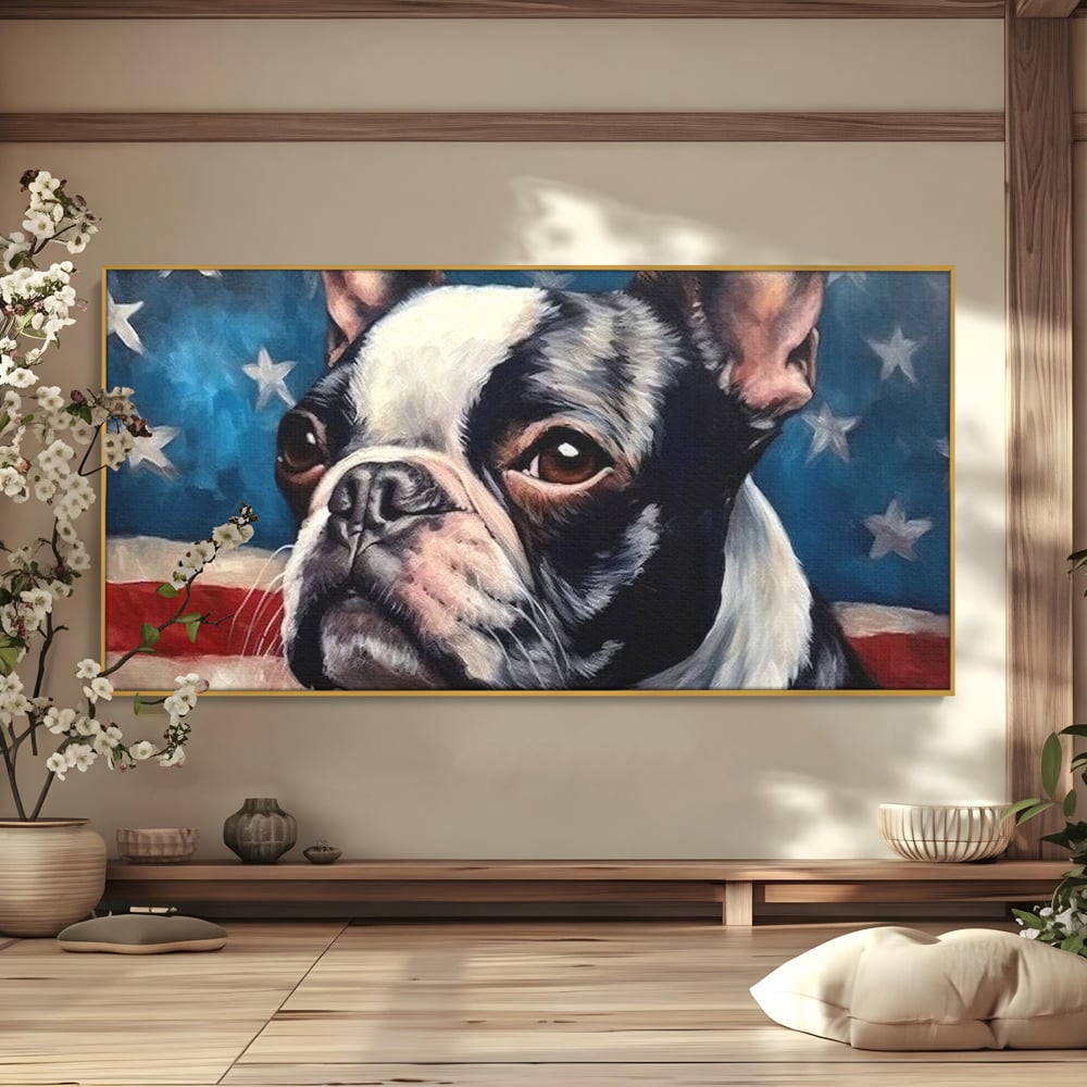 Leinwandbilder Premium, LuxCanva® M1265, Boston unter der Flagge, Patriotismus, Flagge, Amerika, Hund, Freiheit, Ehre, Mut, Freiheit, Portrait, Profil, Büro, Wohnen, Kinderzimmer