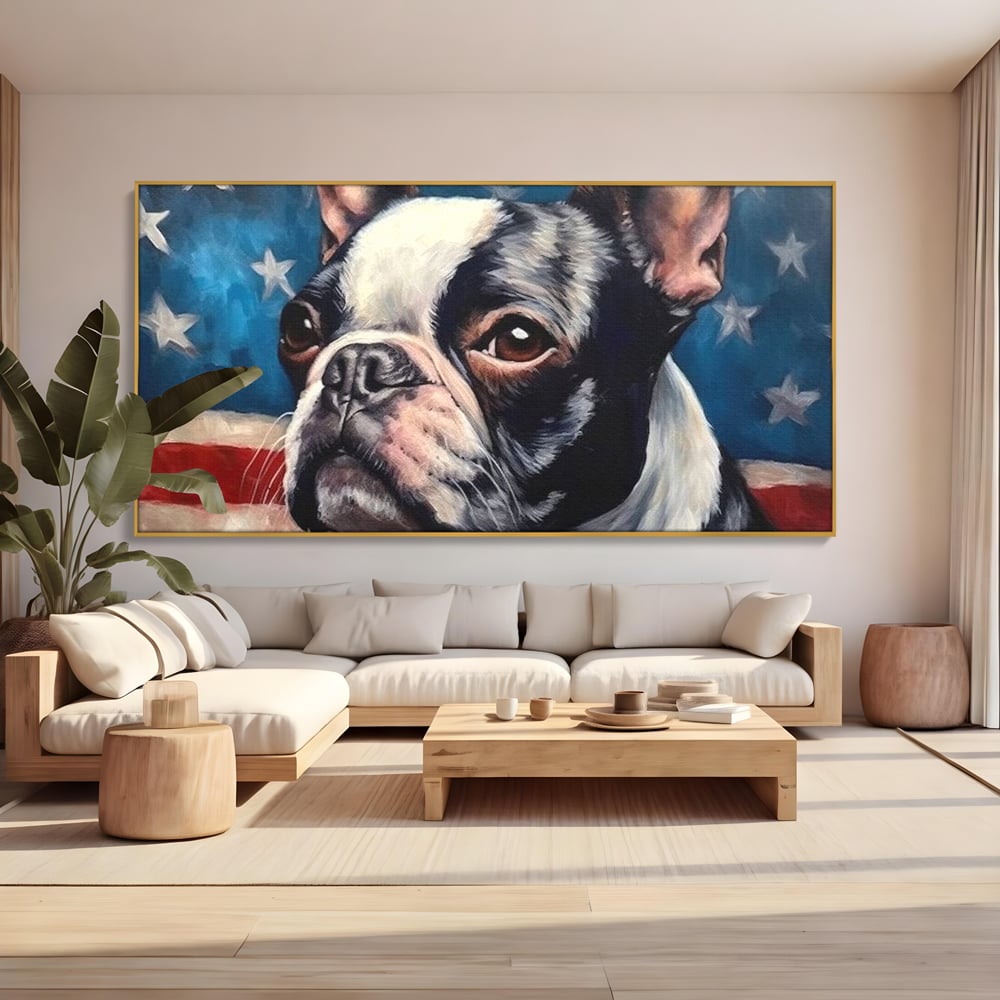 Leinwandbilder Premium, LuxCanva® M1265, Boston unter der Flagge, Patriotismus, Flagge, Amerika, Hund, Freiheit, Ehre, Mut, Freiheit, Portrait, Profil, Büro, Wohnen, Kinderzimmer