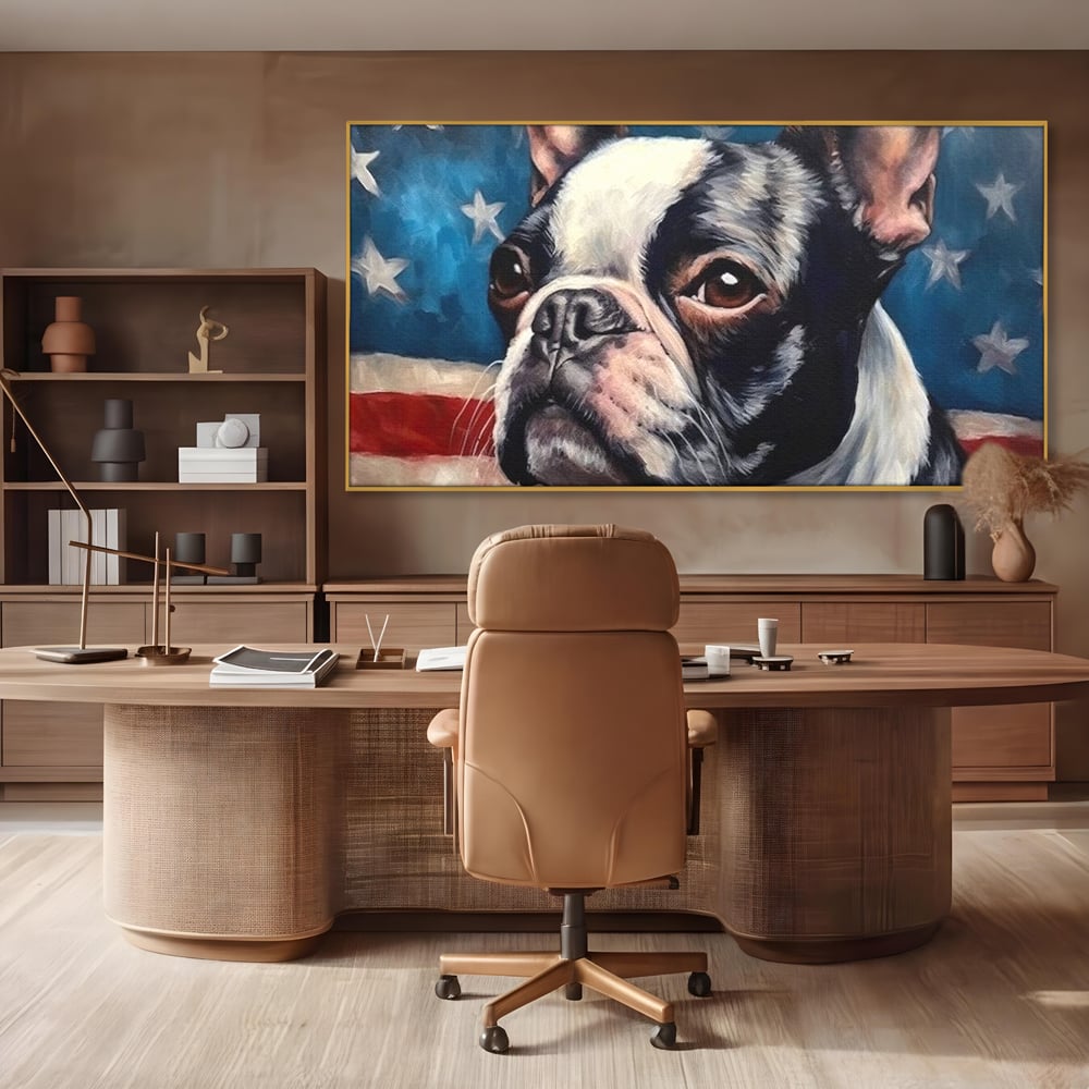 Leinwandbilder Premium, LuxCanva® M1265, Boston unter der Flagge, Patriotismus, Flagge, Amerika, Hund, Freiheit, Ehre, Mut, Freiheit, Portrait, Profil, Büro, Wohnen, Kinderzimmer