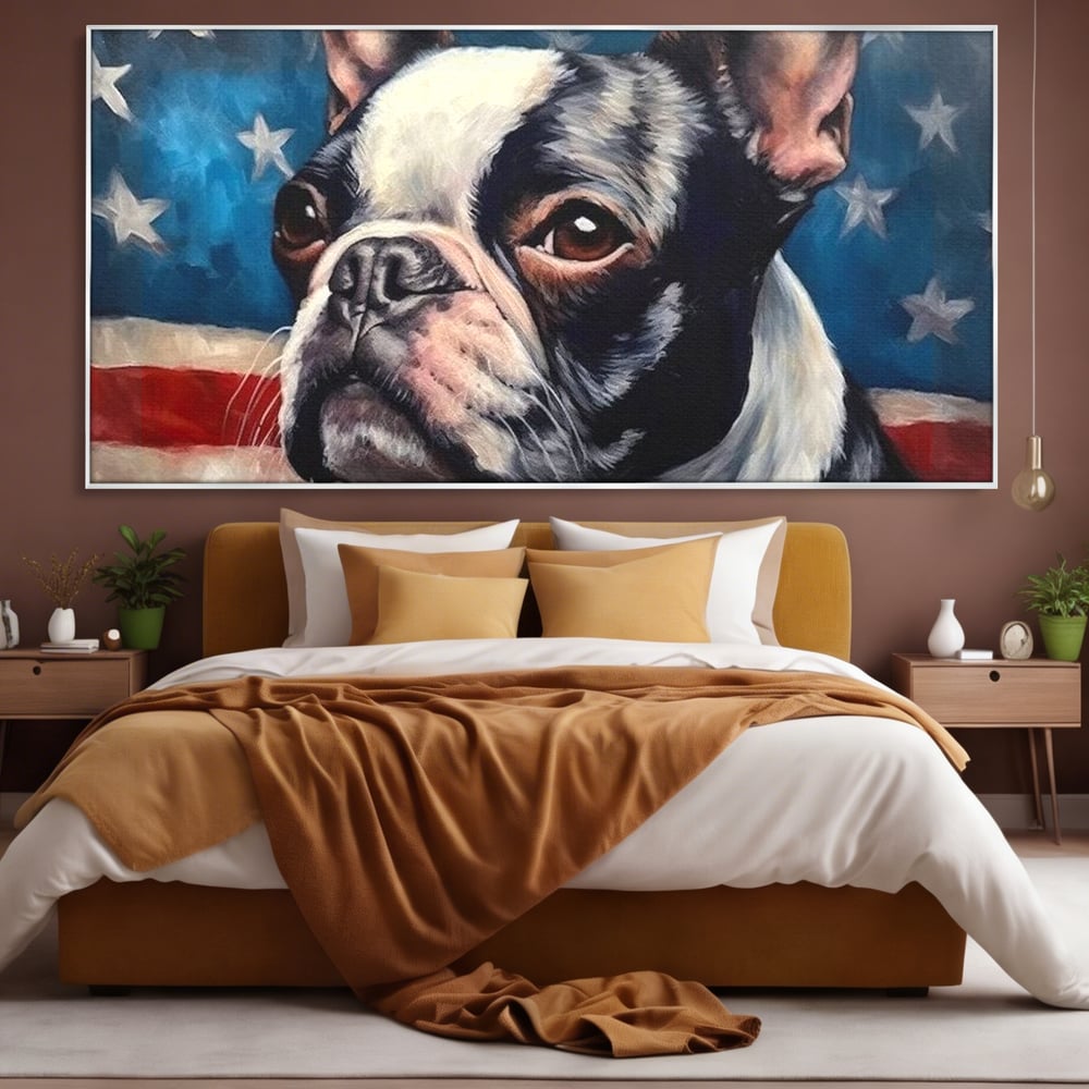 Leinwandbilder Premium, LuxCanva® M1265, Boston unter der Flagge, Patriotismus, Flagge, Amerika, Hund, Freiheit, Ehre, Mut, Freiheit, Portrait, Profil, Büro, Wohnen, Kinderzimmer