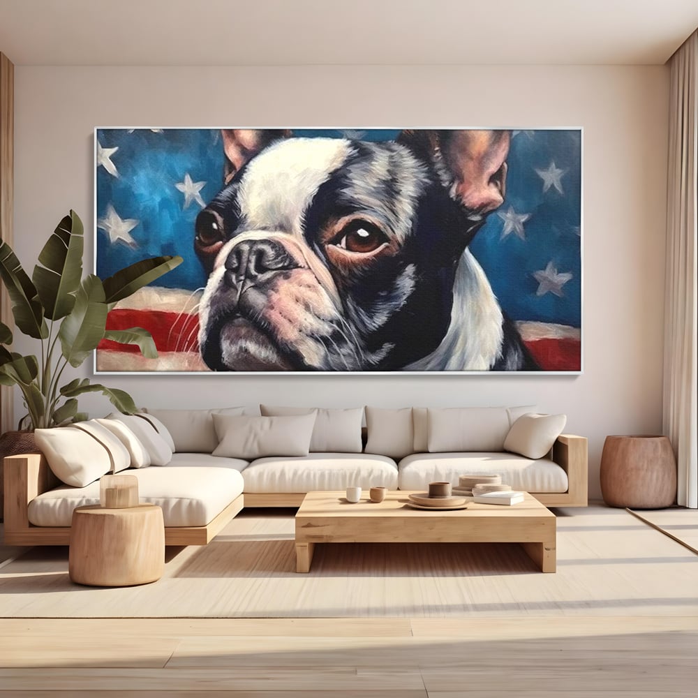 Leinwandbilder Premium, LuxCanva® M1265, Boston unter der Flagge, Patriotismus, Flagge, Amerika, Hund, Freiheit, Ehre, Mut, Freiheit, Portrait, Profil, Büro, Wohnen, Kinderzimmer