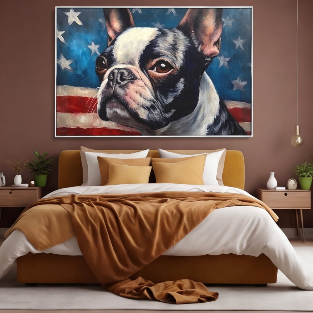 Leinwandbilder Premium, LuxCanva® M1265, Boston unter der Flagge, Patriotismus, Flagge, Amerika, Hund, Freiheit, Ehre, Mut, Freiheit, Portrait, Profil, Büro, Wohnen, Kinderzimmer
