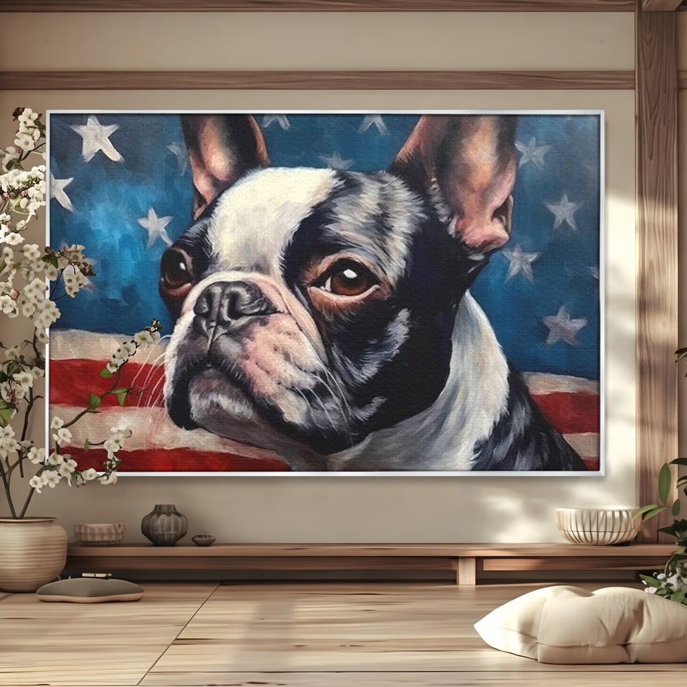 Leinwandbilder Premium, LuxCanva® M1265, Boston unter der Flagge, Patriotismus, Flagge, Amerika, Hund, Freiheit, Ehre, Mut, Freiheit, Portrait, Profil, Büro, Wohnen, Kinderzimmer