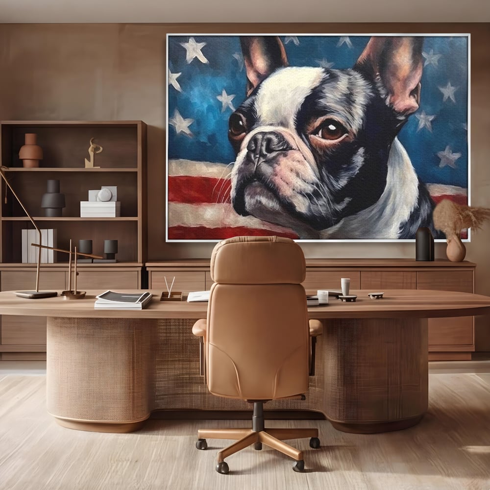 Leinwandbilder Premium, LuxCanva® M1265, Boston unter der Flagge, Patriotismus, Flagge, Amerika, Hund, Freiheit, Ehre, Mut, Freiheit, Portrait, Profil, Büro, Wohnen, Kinderzimmer
