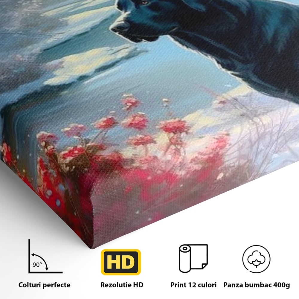 Tablou Canvas Premium, LuxCanva® M1266, Sub Mantia Zapezii, Labrador, Caine, Iarna, Anotimp, Zapada, Flori, Vegetatie, Copaci, Prieten, Peisaj, Lumina, Birou, Living, Camera Copil