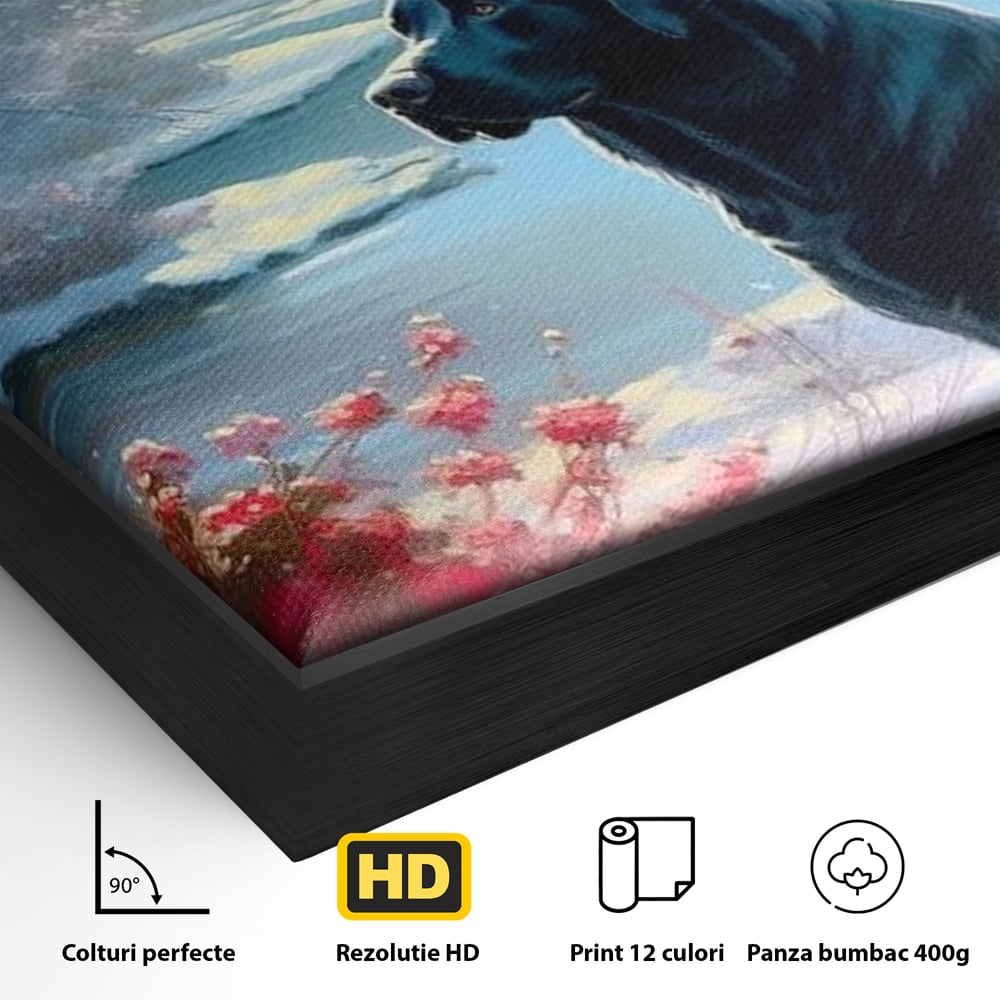 Tablou Canvas Premium, LuxCanva® M1266, Sub Mantia Zapezii, Labrador, Caine, Iarna, Anotimp, Zapada, Flori, Vegetatie, Copaci, Prieten, Peisaj, Lumina, Birou, Living, Camera Copil