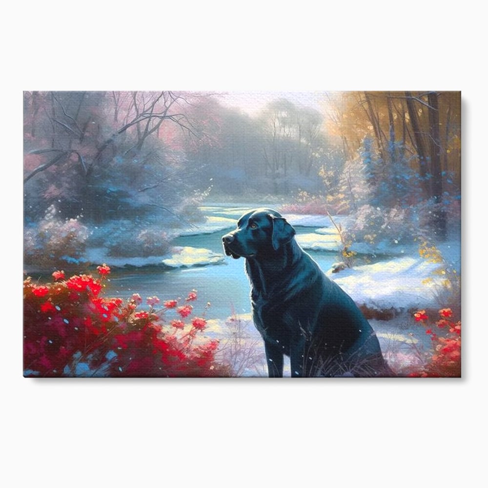 Tablou Canvas Premium, LuxCanva® M1266, Sub Mantia Zapezii, Labrador, Caine, Iarna, Anotimp, Zapada, Flori, Vegetatie, Copaci, Prieten, Peisaj, Lumina, Birou, Living, Camera Copil