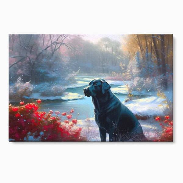 Tablou Canvas Premium, LuxCanva® M1266, Sub Mantia Zapezii, Labrador, Caine, Iarna, Anotimp, Zapada, Flori, Vegetatie, Copaci, Prieten, Peisaj, Lumina, Birou, Living, Camera Copil