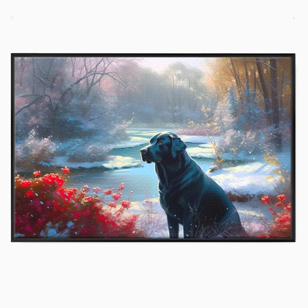 Tablou Canvas Premium, LuxCanva® M1266, Sub Mantia Zapezii, Labrador, Caine, Iarna, Anotimp, Zapada, Flori, Vegetatie, Copaci, Prieten, Peisaj, Lumina, Birou, Living, Camera Copil