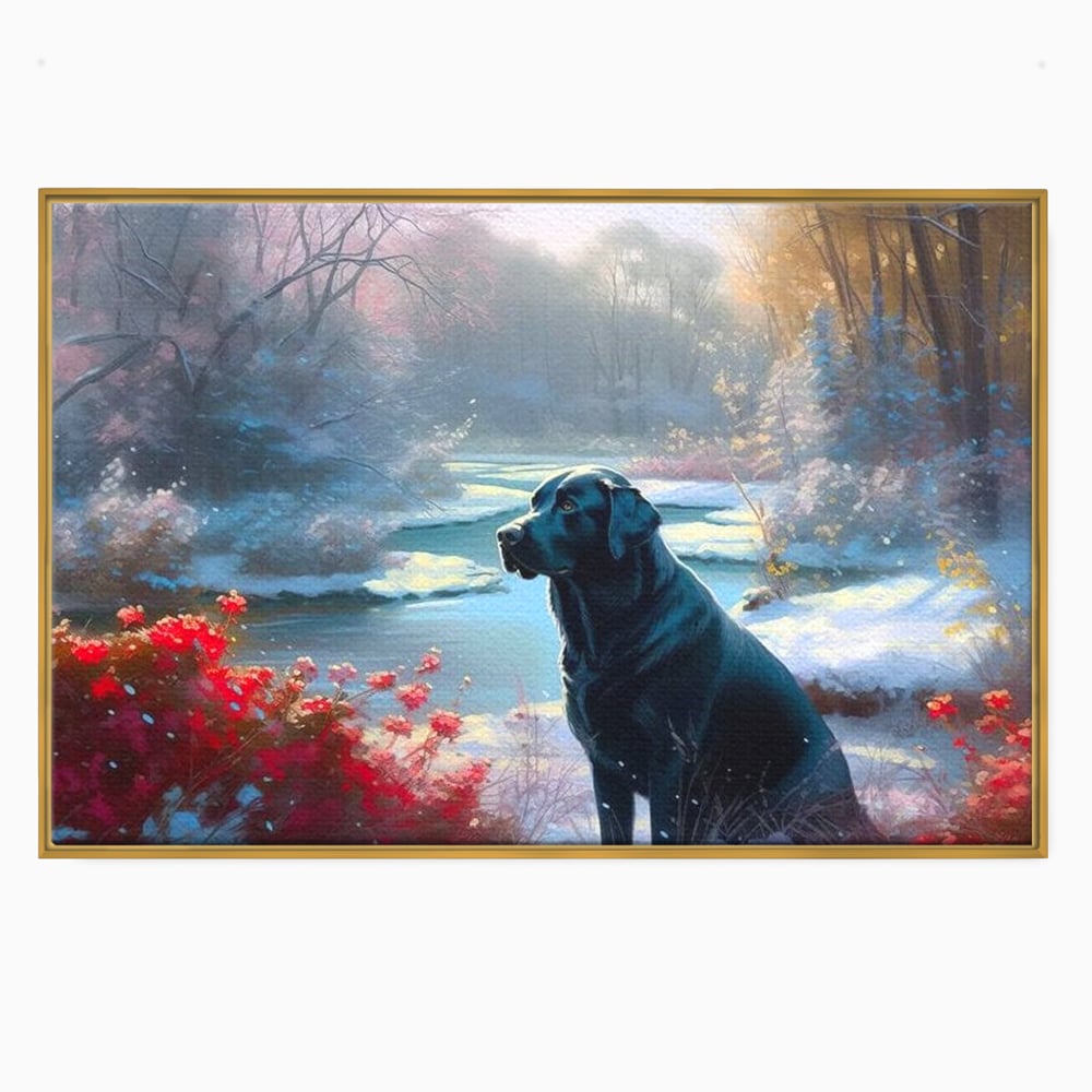 Tablou Canvas Premium, LuxCanva® M1266, Sub Mantia Zapezii, Labrador, Caine, Iarna, Anotimp, Zapada, Flori, Vegetatie, Copaci, Prieten, Peisaj, Lumina, Birou, Living, Camera Copil