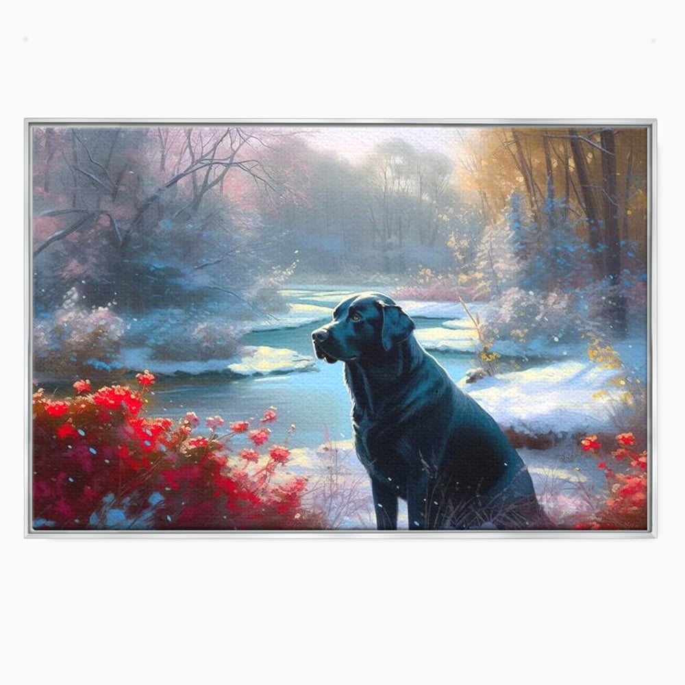 Tablou Canvas Premium, LuxCanva® M1266, Sub Mantia Zapezii, Labrador, Caine, Iarna, Anotimp, Zapada, Flori, Vegetatie, Copaci, Prieten, Peisaj, Lumina, Birou, Living, Camera Copil