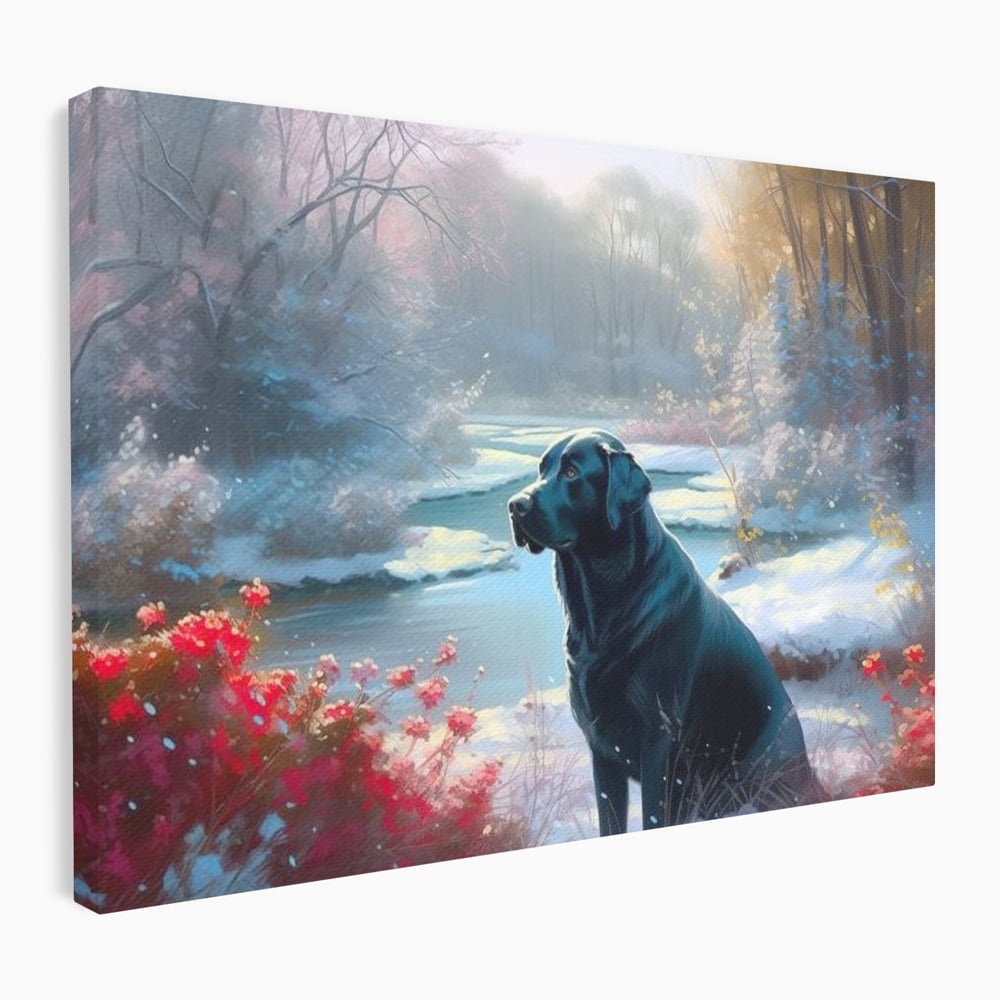 Tablou Canvas Premium, LuxCanva® M1266, Sub Mantia Zapezii, Labrador, Caine, Iarna, Anotimp, Zapada, Flori, Vegetatie, Copaci, Prieten, Peisaj, Lumina, Birou, Living, Camera Copil