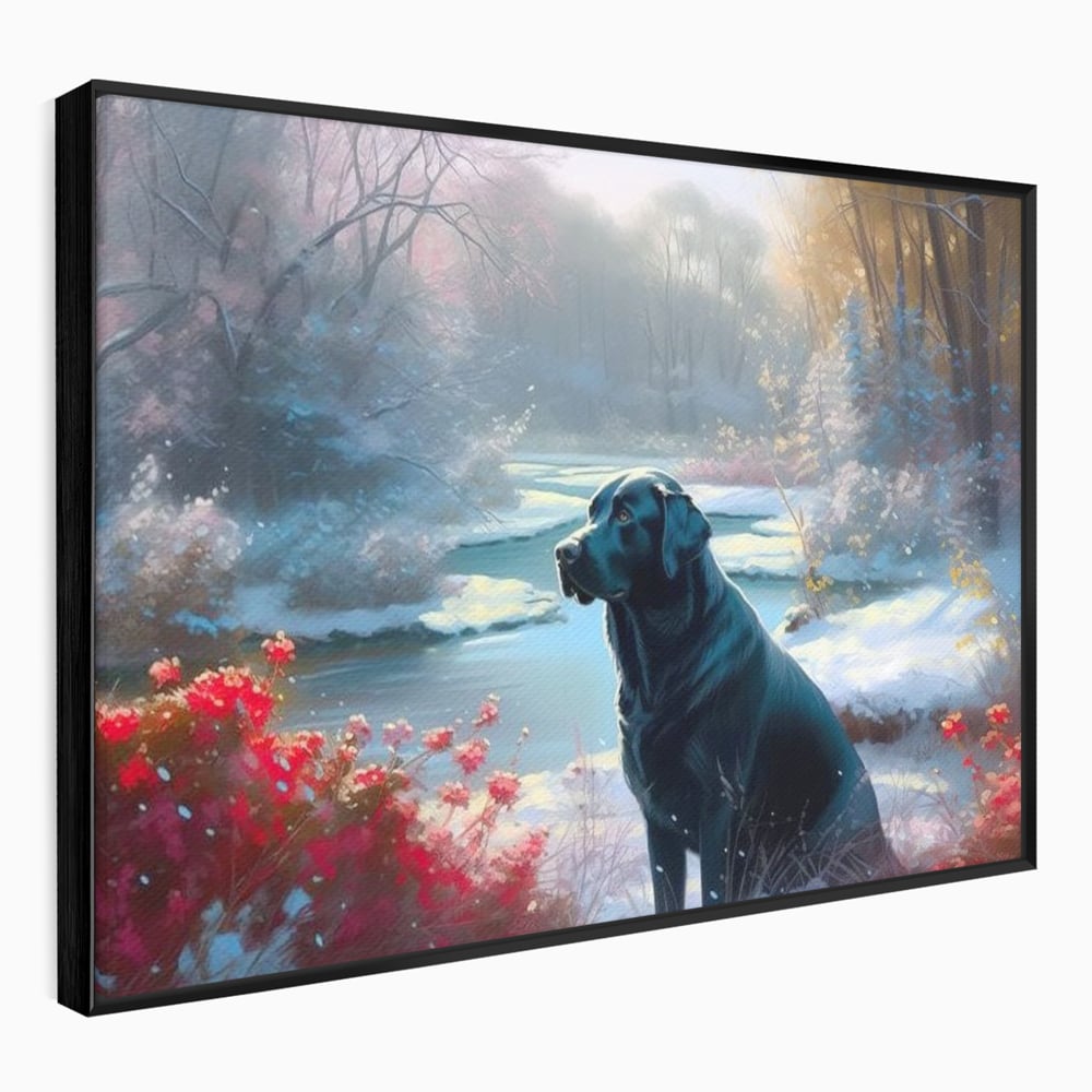 Tablou Canvas Premium, LuxCanva® M1266, Sub Mantia Zapezii, Labrador, Caine, Iarna, Anotimp, Zapada, Flori, Vegetatie, Copaci, Prieten, Peisaj, Lumina, Birou, Living, Camera Copil