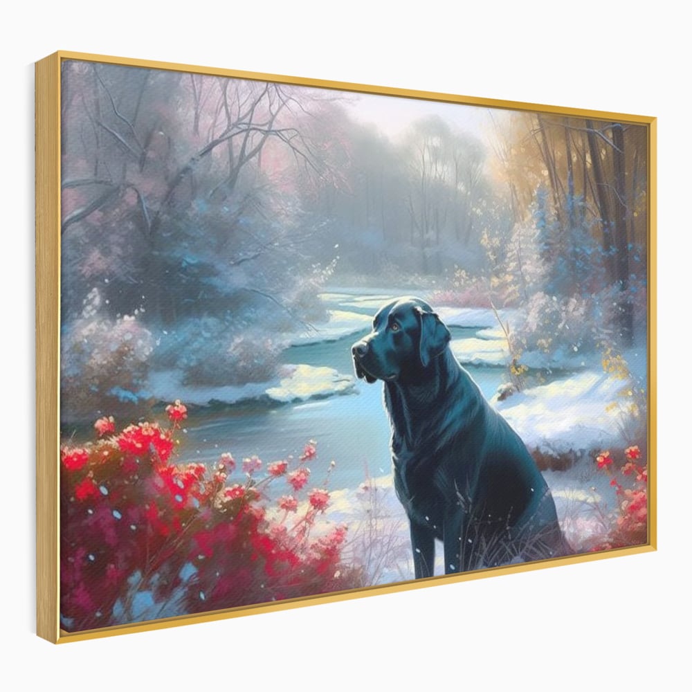 Tablou Canvas Premium, LuxCanva® M1266, Sub Mantia Zapezii, Labrador, Caine, Iarna, Anotimp, Zapada, Flori, Vegetatie, Copaci, Prieten, Peisaj, Lumina, Birou, Living, Camera Copil