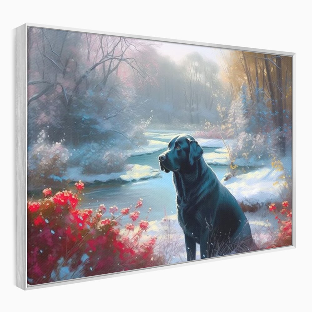 Tablou Canvas Premium, LuxCanva® M1266, Sub Mantia Zapezii, Labrador, Caine, Iarna, Anotimp, Zapada, Flori, Vegetatie, Copaci, Prieten, Peisaj, Lumina, Birou, Living, Camera Copil