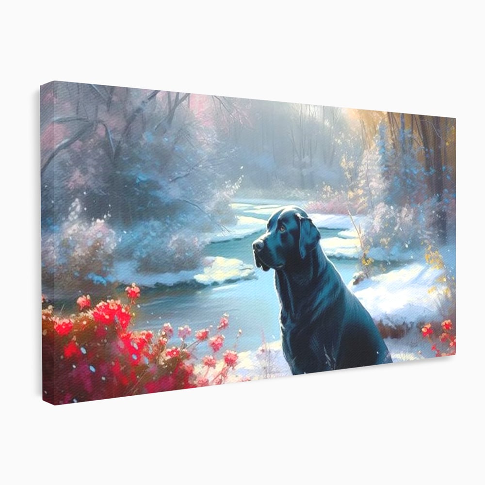Tablou Canvas Premium, LuxCanva® M1266, Sub Mantia Zapezii, Labrador, Caine, Iarna, Anotimp, Zapada, Flori, Vegetatie, Copaci, Prieten, Peisaj, Lumina, Birou, Living, Camera Copil
