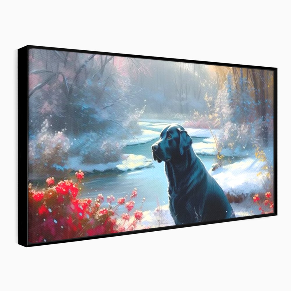 Tablou Canvas Premium, LuxCanva® M1266, Sub Mantia Zapezii, Labrador, Caine, Iarna, Anotimp, Zapada, Flori, Vegetatie, Copaci, Prieten, Peisaj, Lumina, Birou, Living, Camera Copil