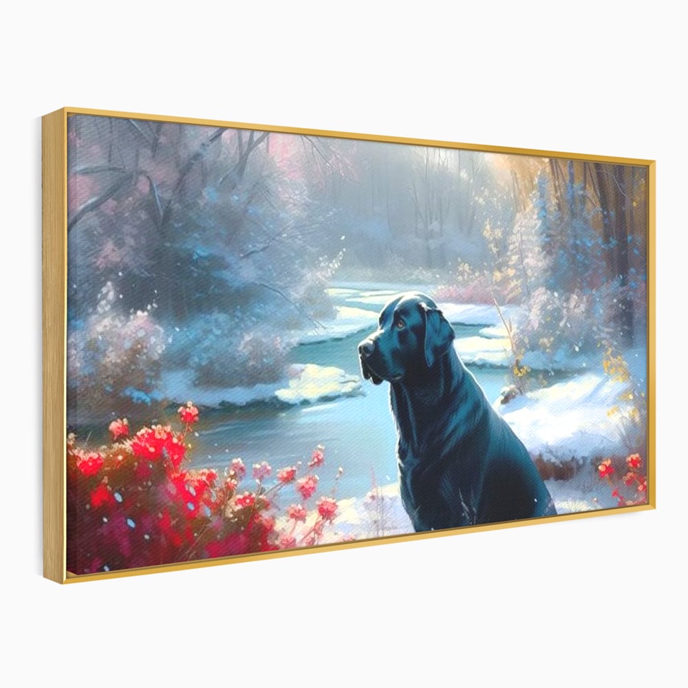 Tablou Canvas Premium, LuxCanva® M1266, Sub Mantia Zapezii, Labrador, Caine, Iarna, Anotimp, Zapada, Flori, Vegetatie, Copaci, Prieten, Peisaj, Lumina, Birou, Living, Camera Copil