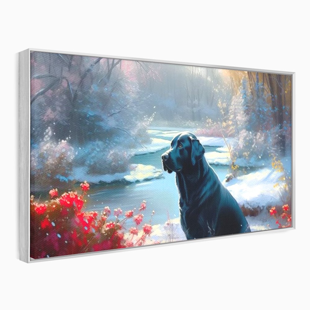 Tablou Canvas Premium, LuxCanva® M1266, Sub Mantia Zapezii, Labrador, Caine, Iarna, Anotimp, Zapada, Flori, Vegetatie, Copaci, Prieten, Peisaj, Lumina, Birou, Living, Camera Copil