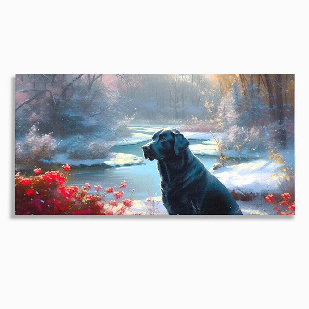 Tablou Canvas Premium, LuxCanva® M1266, Sub Mantia Zapezii, Labrador, Caine, Iarna, Anotimp, Zapada, Flori, Vegetatie, Copaci, Prieten, Peisaj, Lumina, Birou, Living, Camera Copil
