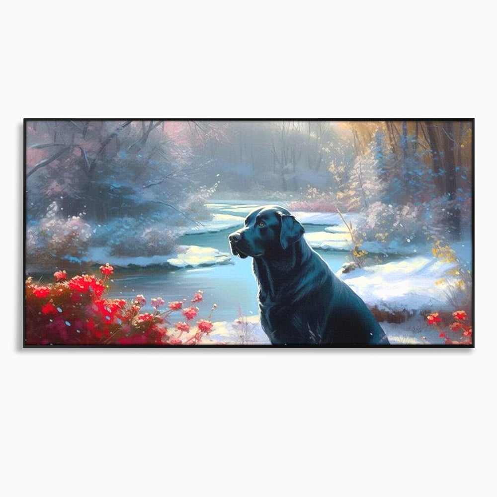 Tablou Canvas Premium, LuxCanva® M1266, Sub Mantia Zapezii, Labrador, Caine, Iarna, Anotimp, Zapada, Flori, Vegetatie, Copaci, Prieten, Peisaj, Lumina, Birou, Living, Camera Copil
