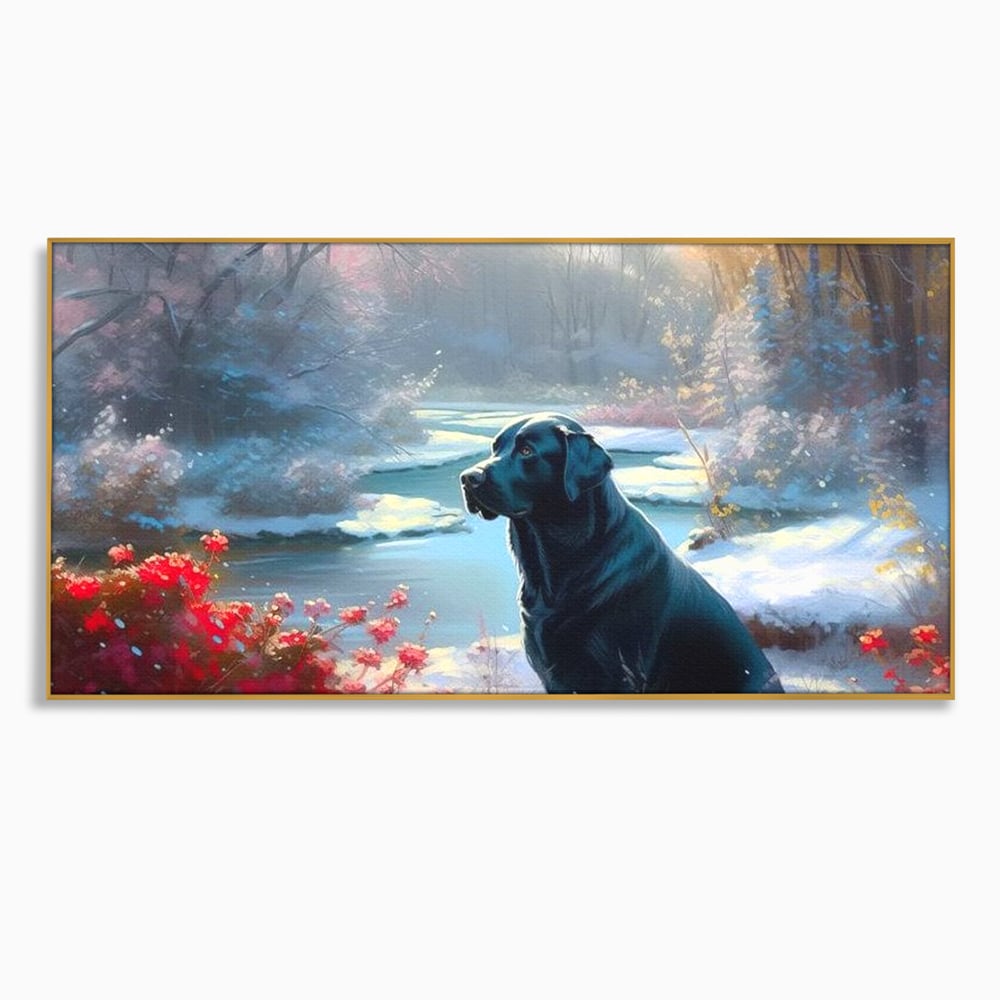 Tablou Canvas Premium, LuxCanva® M1266, Sub Mantia Zapezii, Labrador, Caine, Iarna, Anotimp, Zapada, Flori, Vegetatie, Copaci, Prieten, Peisaj, Lumina, Birou, Living, Camera Copil