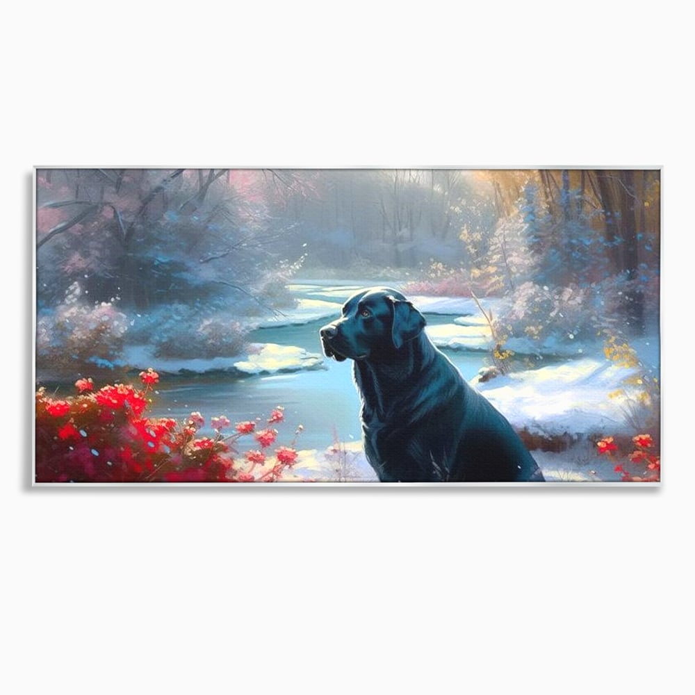 Tablou Canvas Premium, LuxCanva® M1266, Sub Mantia Zapezii, Labrador, Caine, Iarna, Anotimp, Zapada, Flori, Vegetatie, Copaci, Prieten, Peisaj, Lumina, Birou, Living, Camera Copil