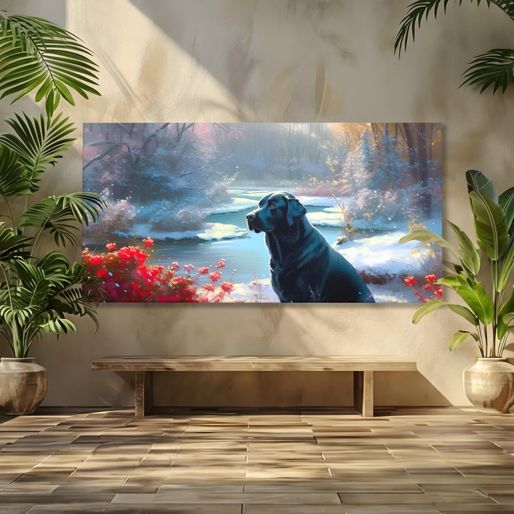 Tablou Canvas Premium, LuxCanva® M1266, Sub Mantia Zapezii, Labrador, Caine, Iarna, Anotimp, Zapada, Flori, Vegetatie, Copaci, Prieten, Peisaj, Lumina, Birou, Living, Camera Copil