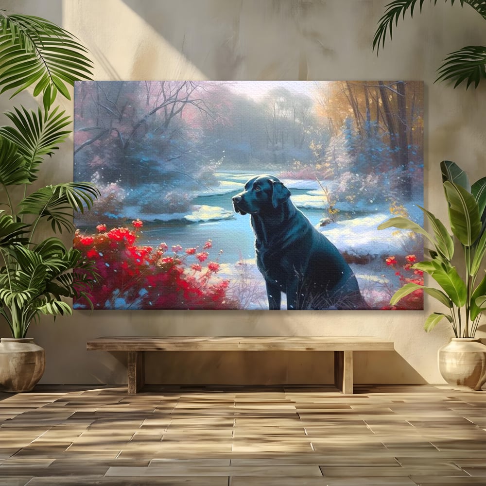 Tablou Canvas Premium, LuxCanva® M1266, Sub Mantia Zapezii, Labrador, Caine, Iarna, Anotimp, Zapada, Flori, Vegetatie, Copaci, Prieten, Peisaj, Lumina, Birou, Living, Camera Copil