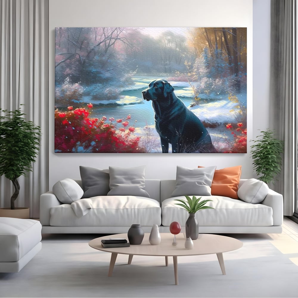 Tablou Canvas Premium, LuxCanva® M1266, Sub Mantia Zapezii, Labrador, Caine, Iarna, Anotimp, Zapada, Flori, Vegetatie, Copaci, Prieten, Peisaj, Lumina, Birou, Living, Camera Copil