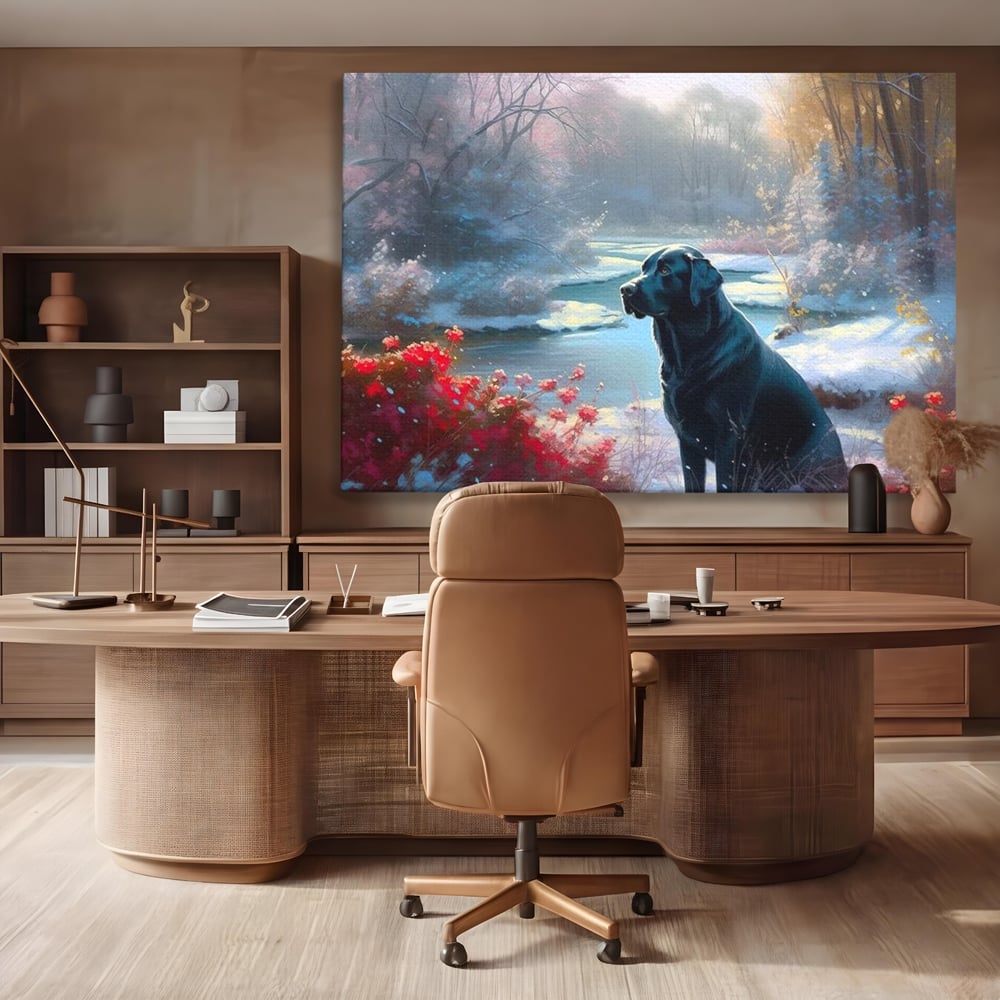 Tablou Canvas Premium, LuxCanva® M1266, Sub Mantia Zapezii, Labrador, Caine, Iarna, Anotimp, Zapada, Flori, Vegetatie, Copaci, Prieten, Peisaj, Lumina, Birou, Living, Camera Copil