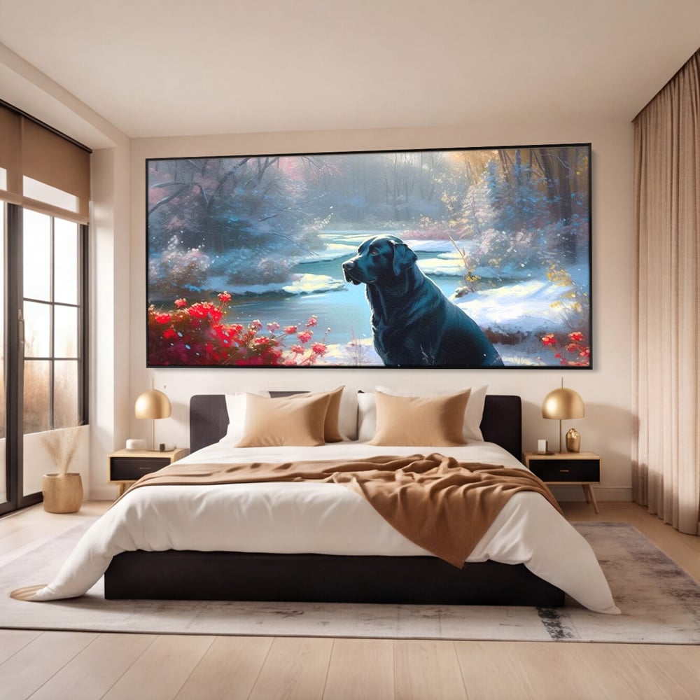 Tablou Canvas Premium, LuxCanva® M1266, Sub Mantia Zapezii, Labrador, Caine, Iarna, Anotimp, Zapada, Flori, Vegetatie, Copaci, Prieten, Peisaj, Lumina, Birou, Living, Camera Copil
