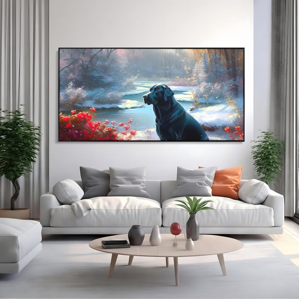 Tablou Canvas Premium, LuxCanva® M1266, Sub Mantia Zapezii, Labrador, Caine, Iarna, Anotimp, Zapada, Flori, Vegetatie, Copaci, Prieten, Peisaj, Lumina, Birou, Living, Camera Copil