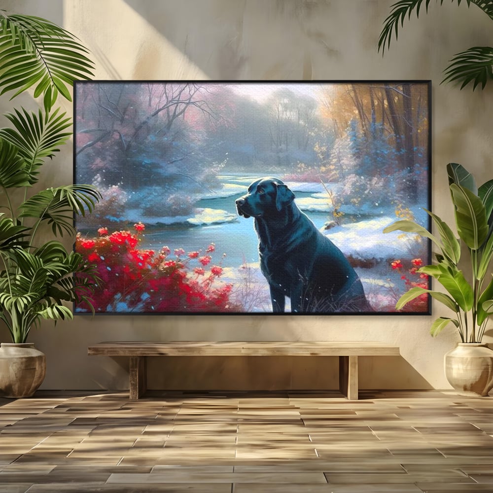 Tablou Canvas Premium, LuxCanva® M1266, Sub Mantia Zapezii, Labrador, Caine, Iarna, Anotimp, Zapada, Flori, Vegetatie, Copaci, Prieten, Peisaj, Lumina, Birou, Living, Camera Copil