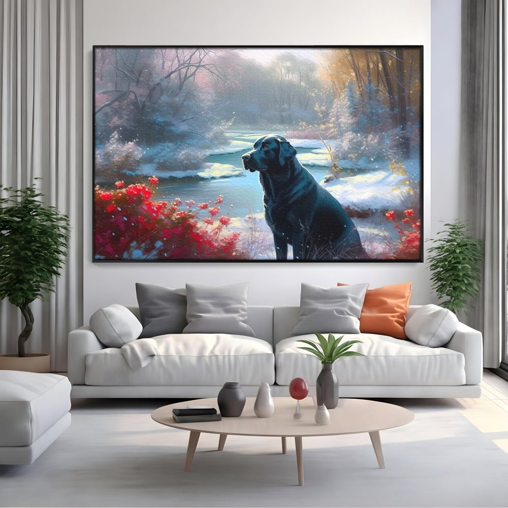 Tablou Canvas Premium, LuxCanva® M1266, Sub Mantia Zapezii, Labrador, Caine, Iarna, Anotimp, Zapada, Flori, Vegetatie, Copaci, Prieten, Peisaj, Lumina, Birou, Living, Camera Copil