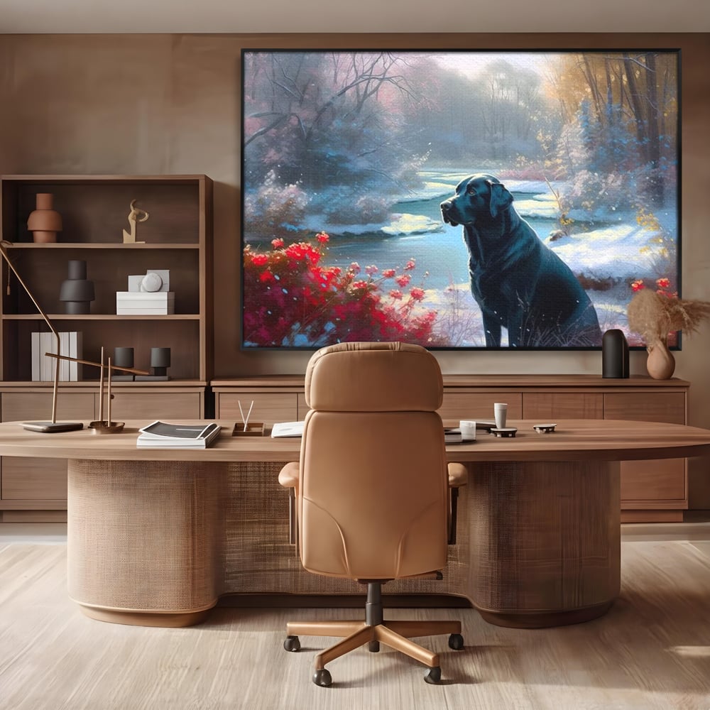 Tablou Canvas Premium, LuxCanva® M1266, Sub Mantia Zapezii, Labrador, Caine, Iarna, Anotimp, Zapada, Flori, Vegetatie, Copaci, Prieten, Peisaj, Lumina, Birou, Living, Camera Copil