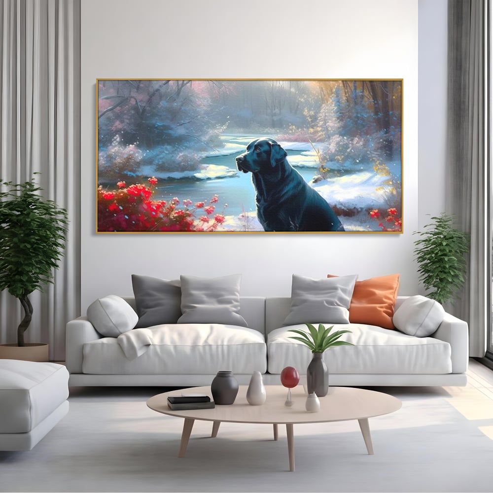 Tablou Canvas Premium, LuxCanva® M1266, Sub Mantia Zapezii, Labrador, Caine, Iarna, Anotimp, Zapada, Flori, Vegetatie, Copaci, Prieten, Peisaj, Lumina, Birou, Living, Camera Copil