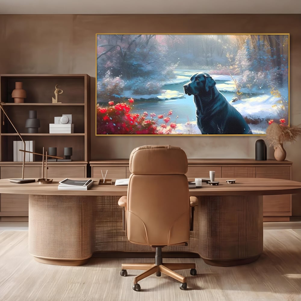 Tablou Canvas Premium, LuxCanva® M1266, Sub Mantia Zapezii, Labrador, Caine, Iarna, Anotimp, Zapada, Flori, Vegetatie, Copaci, Prieten, Peisaj, Lumina, Birou, Living, Camera Copil