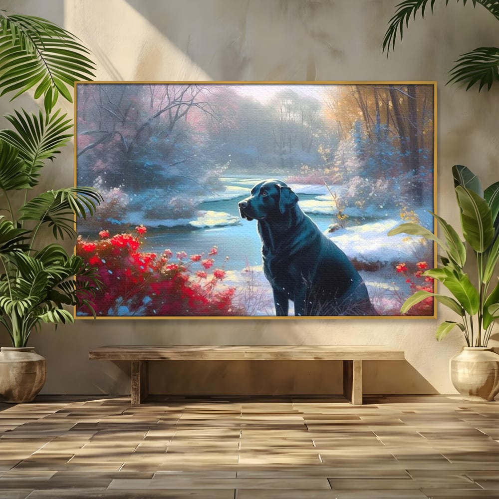 Tablou Canvas Premium, LuxCanva® M1266, Sub Mantia Zapezii, Labrador, Caine, Iarna, Anotimp, Zapada, Flori, Vegetatie, Copaci, Prieten, Peisaj, Lumina, Birou, Living, Camera Copil