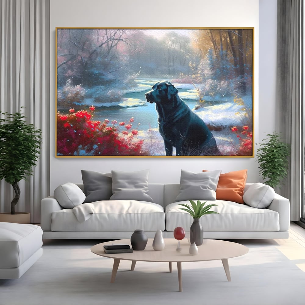 Tablou Canvas Premium, LuxCanva® M1266, Sub Mantia Zapezii, Labrador, Caine, Iarna, Anotimp, Zapada, Flori, Vegetatie, Copaci, Prieten, Peisaj, Lumina, Birou, Living, Camera Copil