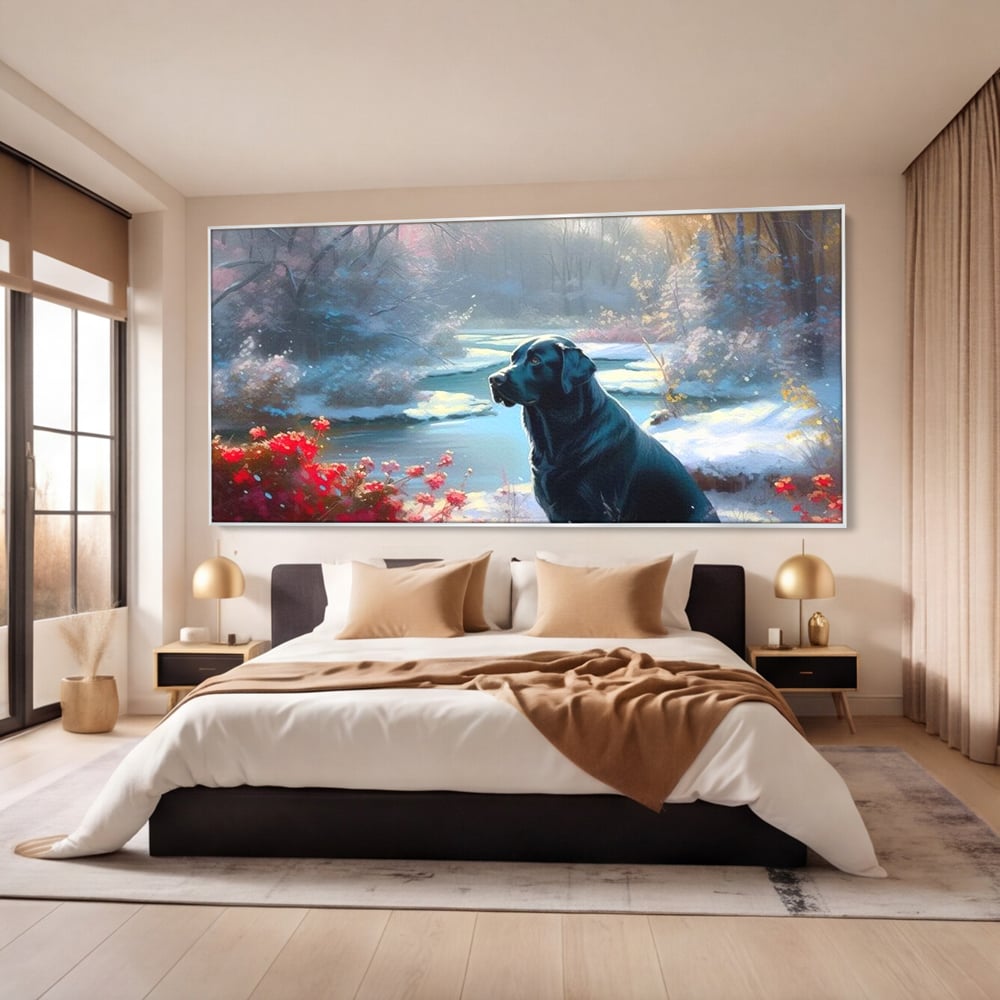 Tablou Canvas Premium, LuxCanva® M1266, Sub Mantia Zapezii, Labrador, Caine, Iarna, Anotimp, Zapada, Flori, Vegetatie, Copaci, Prieten, Peisaj, Lumina, Birou, Living, Camera Copil